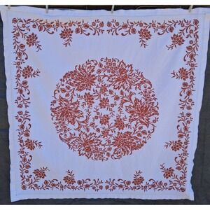 Vintage Hand Embroidered Cross Stitch Linen Tablecloth Rust Floral Hemstitch